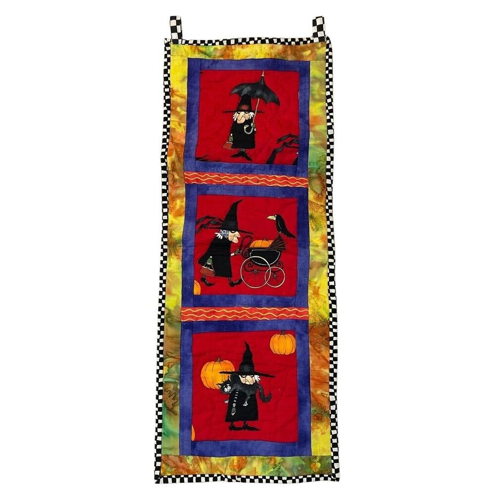 Handmade Quilted Witch Halloween Wall Hanging Decor Folk Art Cotton Kitsch 10x25